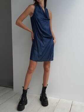 ✨👗 Helmut Lang Denim Drape Dress Size 8 Chambray Halter Raw Edge $499 Worn 1X